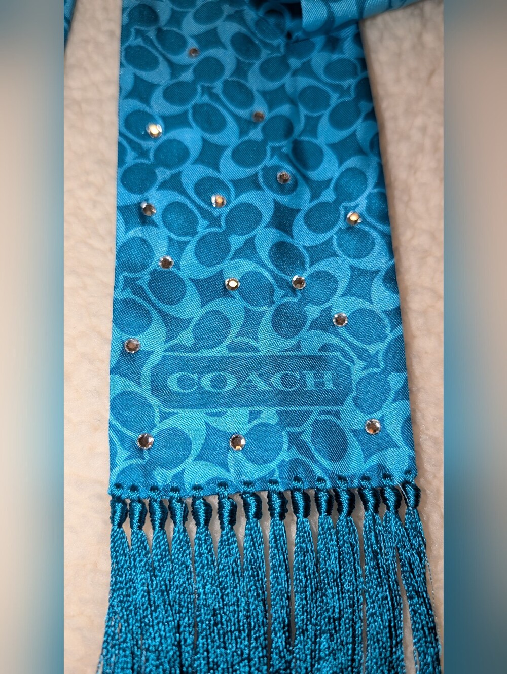 COACH Logo Print Scarf with Crystal Studs and Fringe Teal VGUC - Picture 4 of 7
